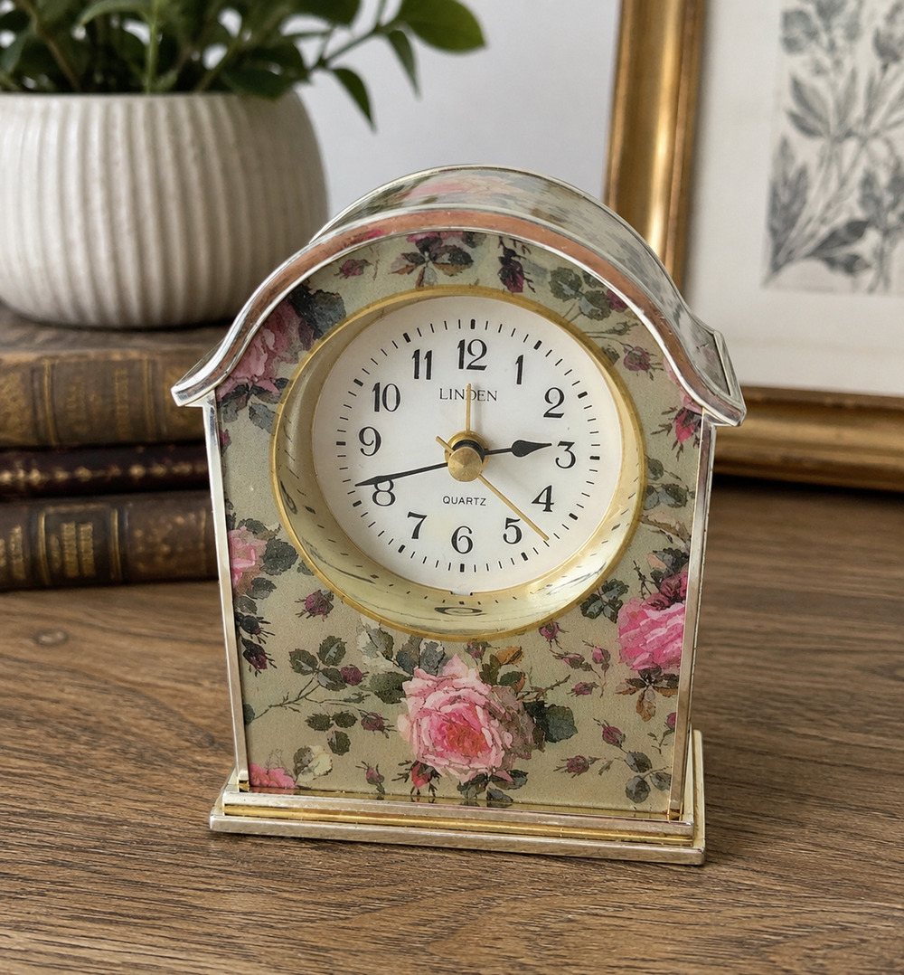 Vintage LINDEN Quartz Small Mantel Clock- Gold And Flowers Tested